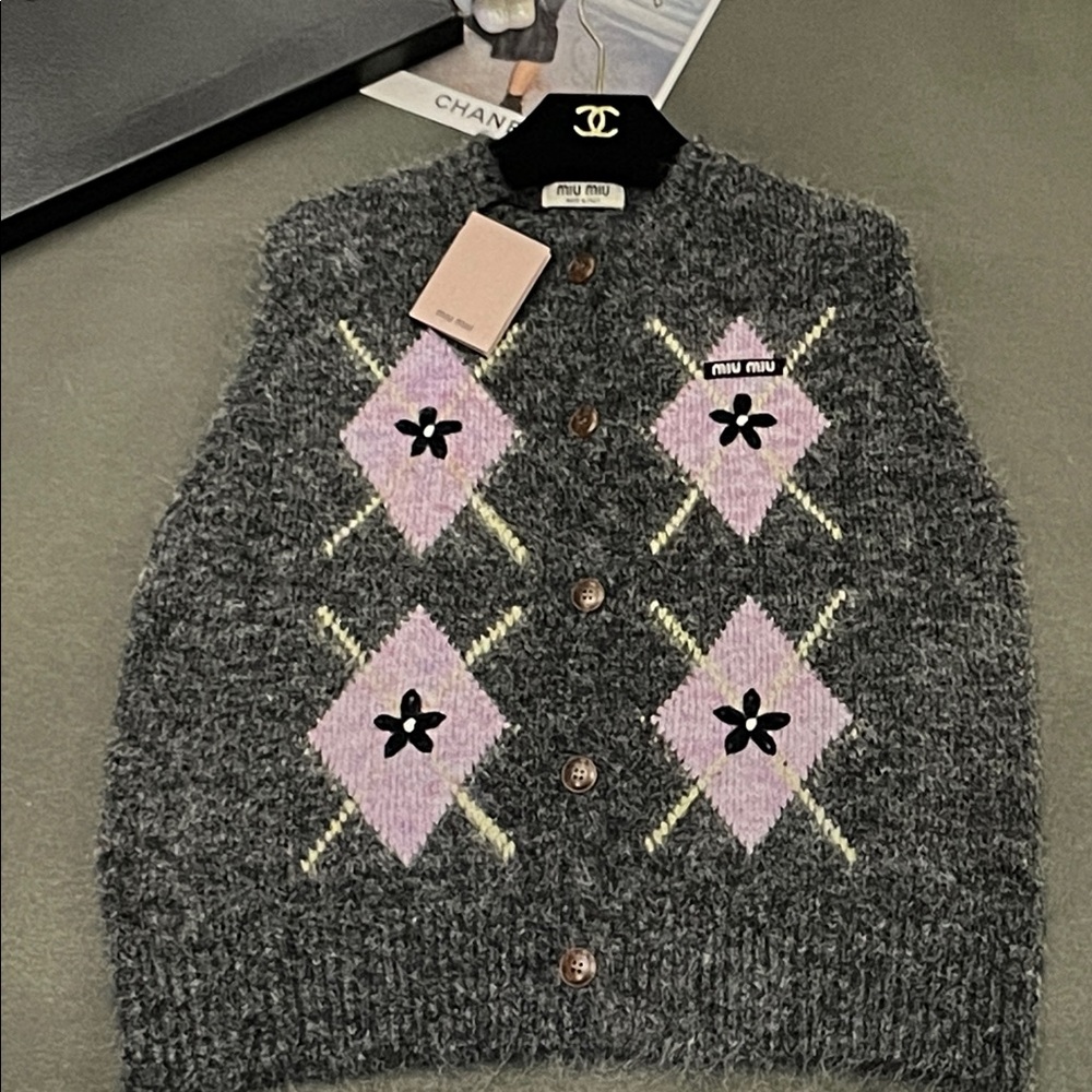 Miu Miu Charcoal and Lavender Argyle Cardigan